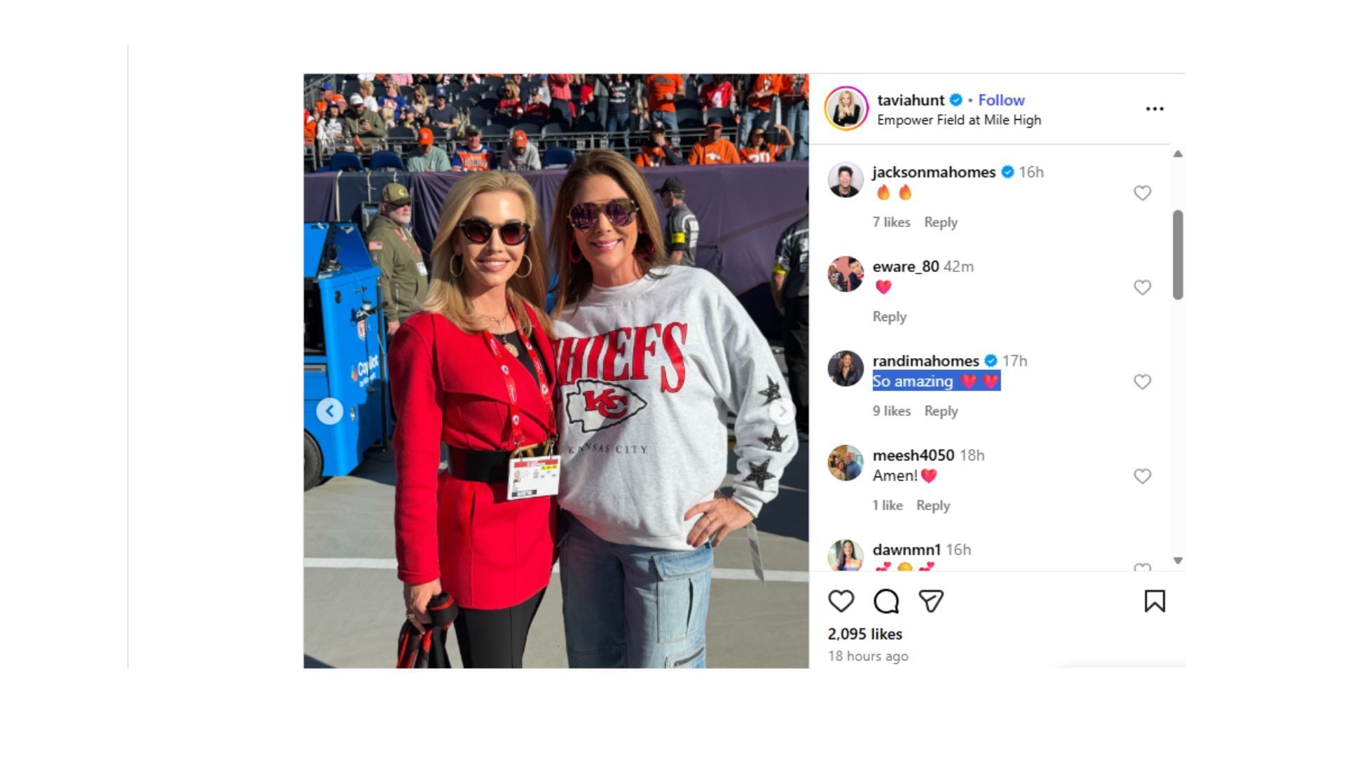 Patrick Mahomes&#039; mom Randi, shared a comment on Tavia Hunt&#039;s Instagram post. (Credit: @taviahunt)