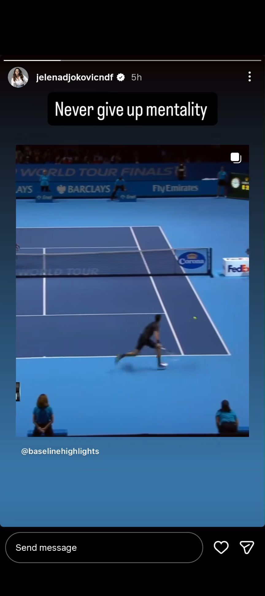 Jelena&#039;s Instagram Story featuring the epic point from the final of the 2013 ATP Finals (Source: Instagram/jelenadjokovicndf)