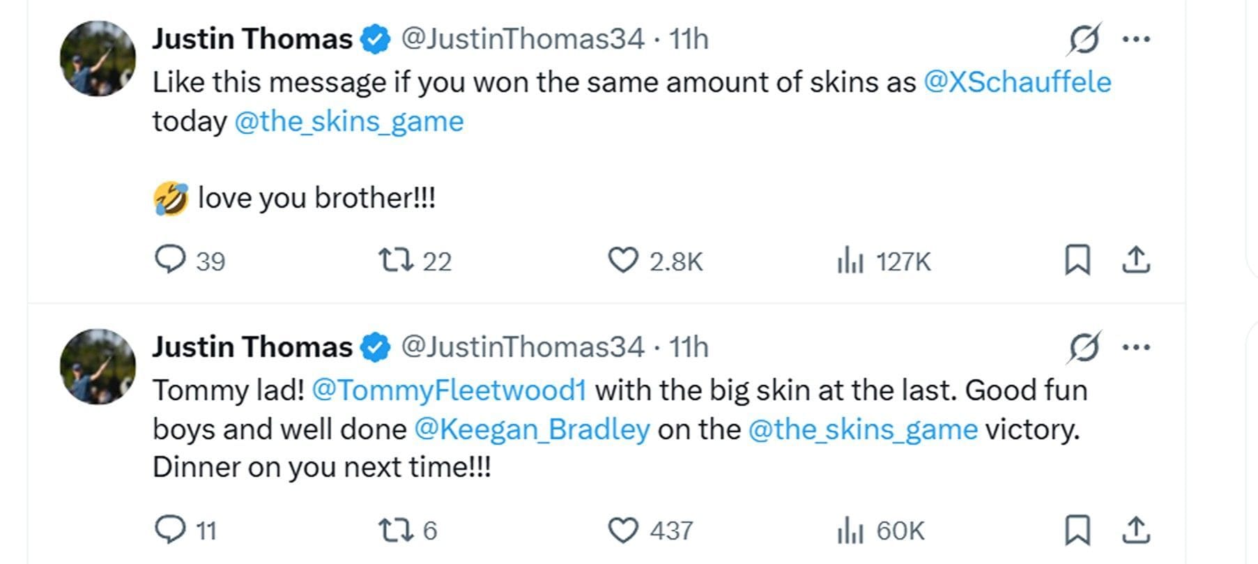 Justin Thomas takes a hilarious jibe at Xander Schauffele at The Skins Game
