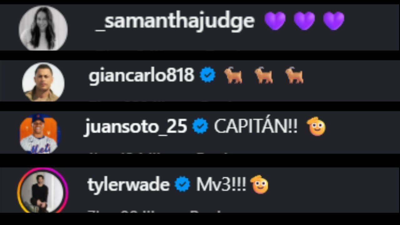 Screenshots of Samantha Judge, Giancarlo Stanton, Juan Soto and Tyler Wade&#039;s comments on Aaron Judge&#039;s Instagram post (Images from - Instagram.com/@thejudge44)