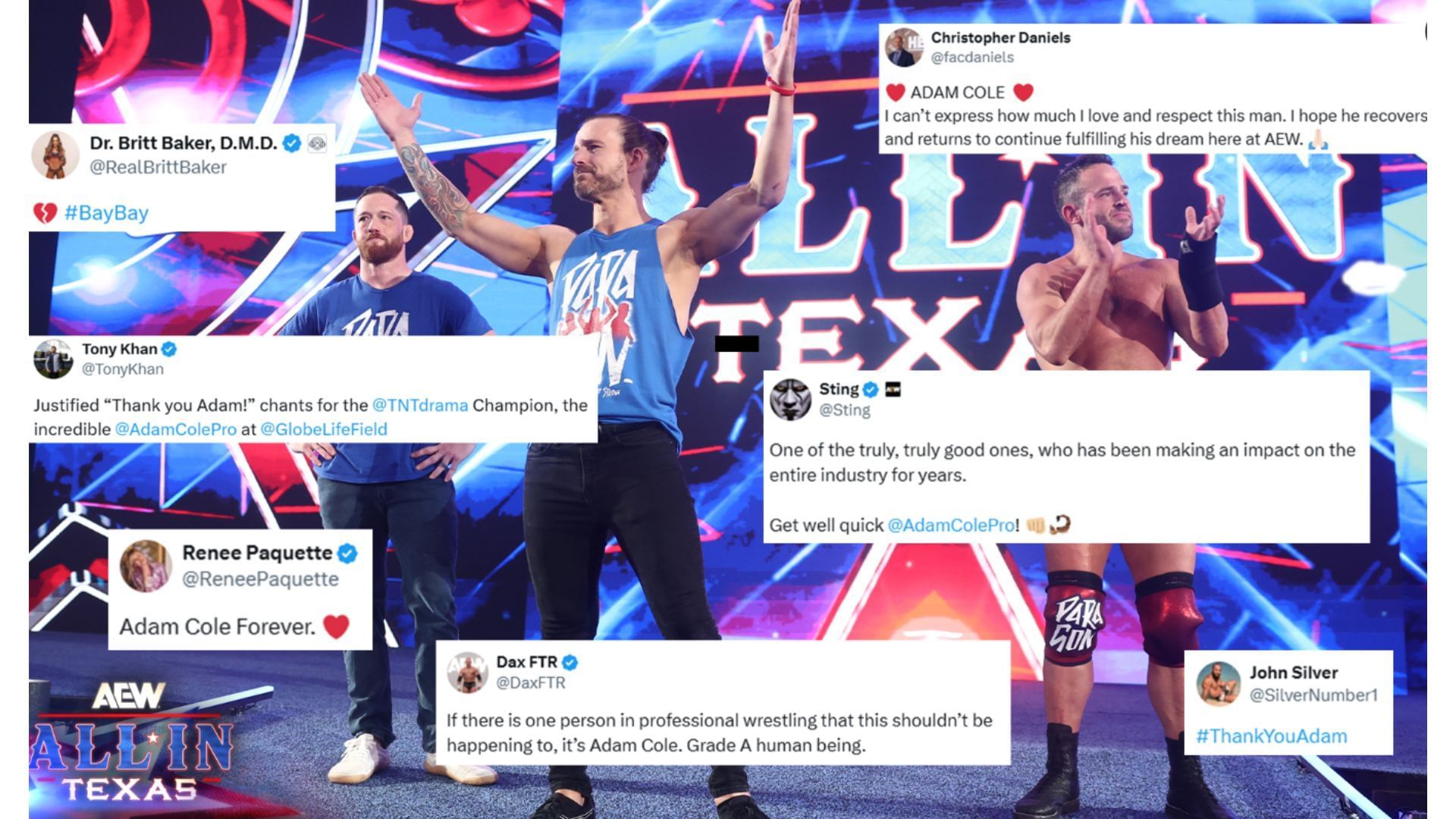 Various AEW personalities&#039; reactions to Adam Cole&#039;s All In: Texas announcement [Image Credit: @AEW on X]