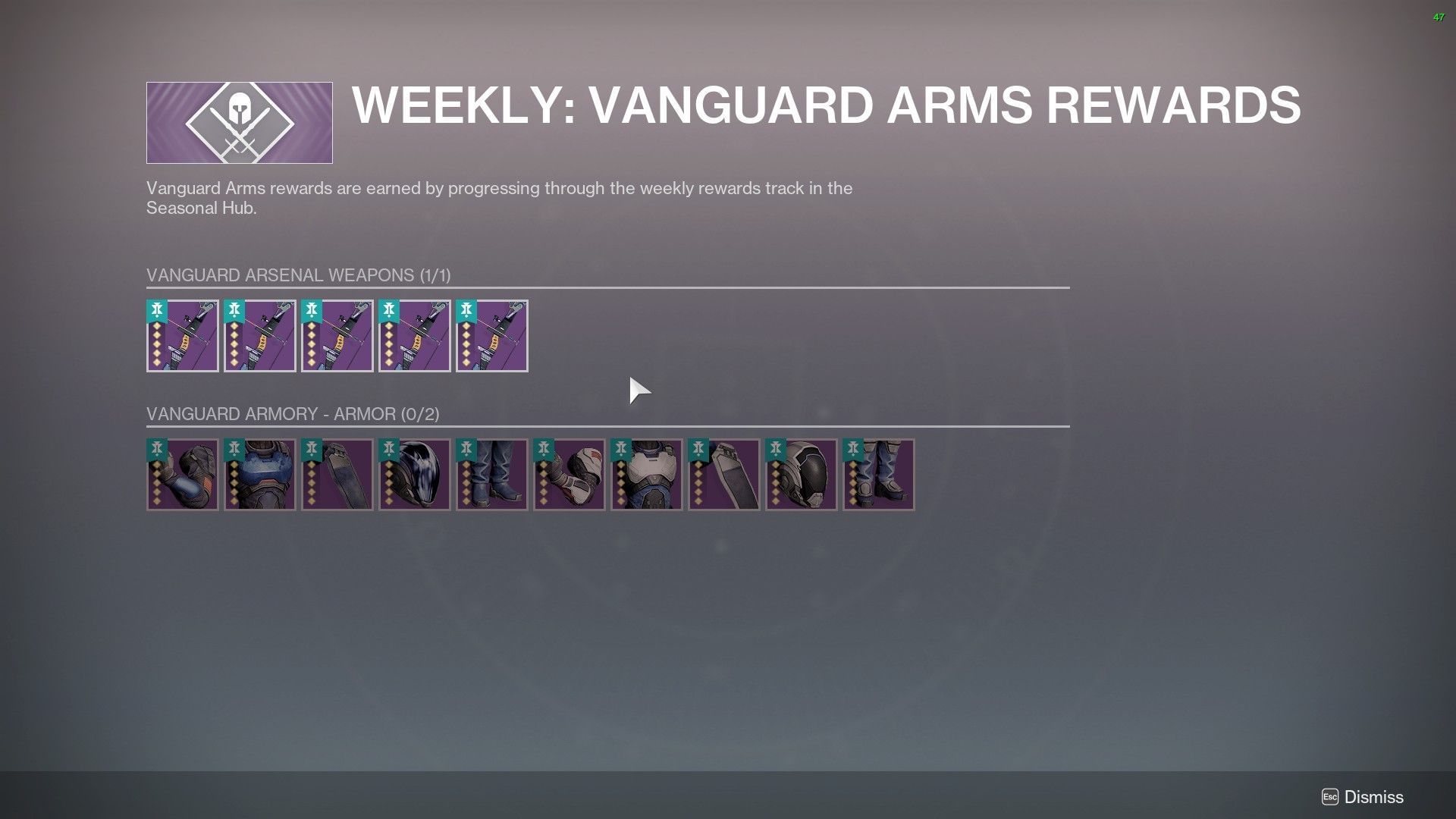Weekly Vanguard Rewards page in Destiny 2 (Image via Bungie)