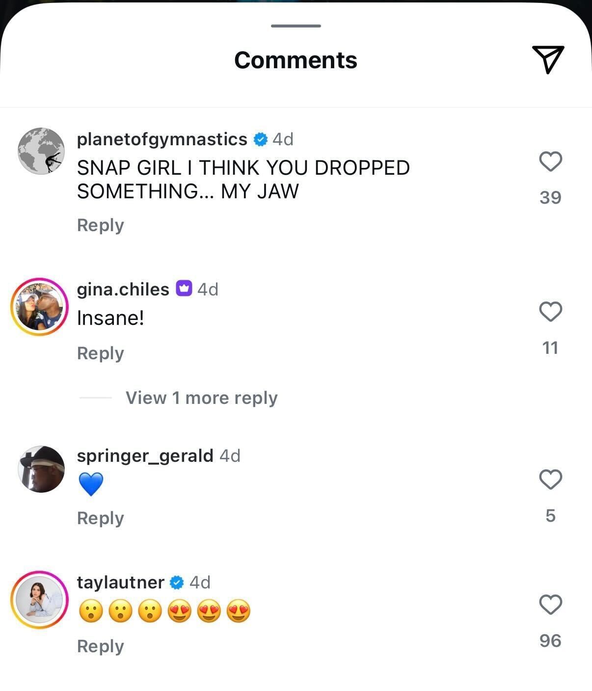 Screengrab of Gina Chiles&#039; comment on Jordan Chiles&#039; Instagram post [Image Source : Jordan Chiles&#039; Instagram]