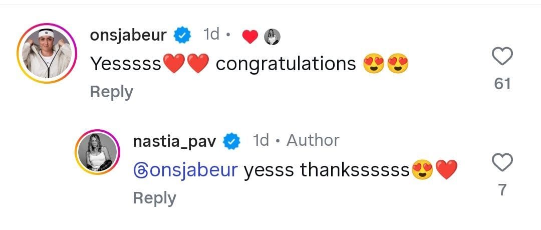 Jabeur&#039;s comment (Source: Instagram/nastia_pav)