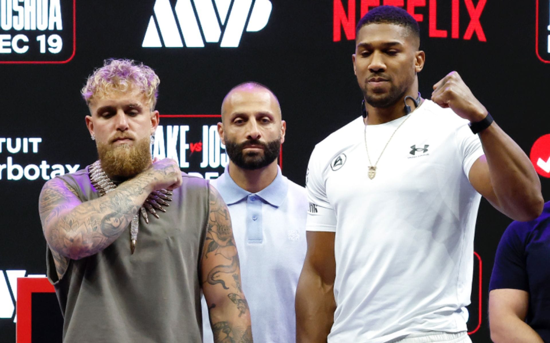 Jake Paul (left) previews upcoming Anthony Joshua (right) fight. [Image courtesy: Getty Images]
