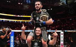 [Watch] Khabib Nurmagomedov takes belts from Dana White before celebrating with Islam Makhachev