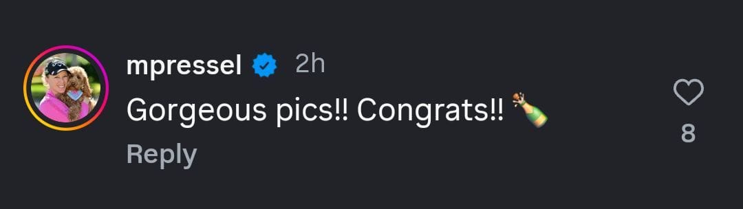 Pressel wrote in the comment section