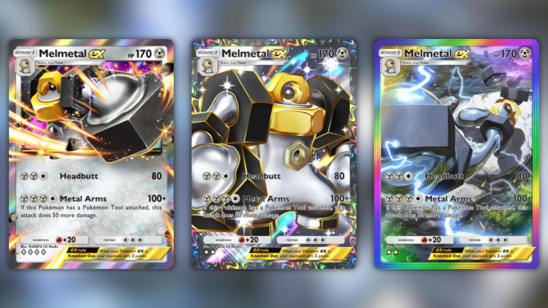 All Melmetal ex variants as seen in the game (Image via The Pokemon Company)