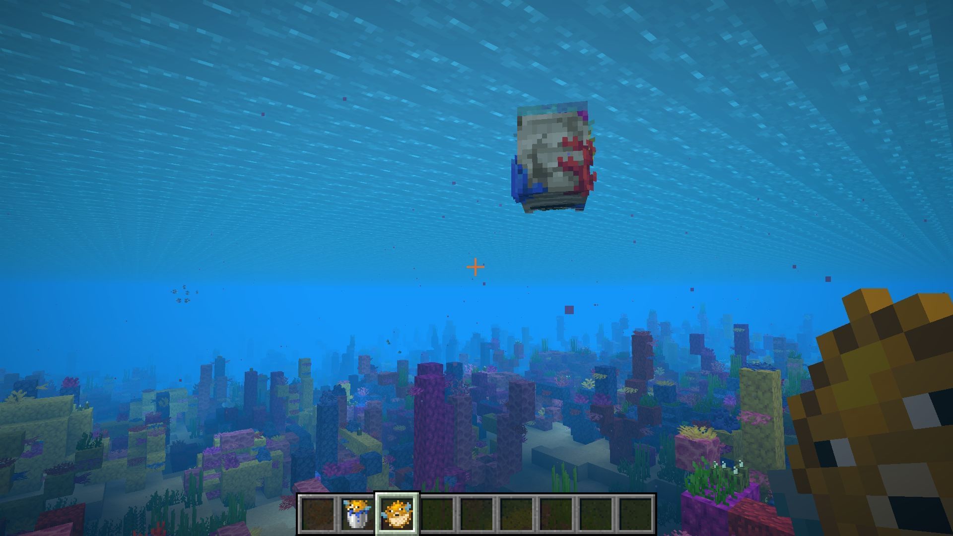 The coral zombie nautilus in Minecraft can be tamed using pufferfish or a bucket of pufferfish (Image via Sportskeeda Gaming || Mojang Studios)