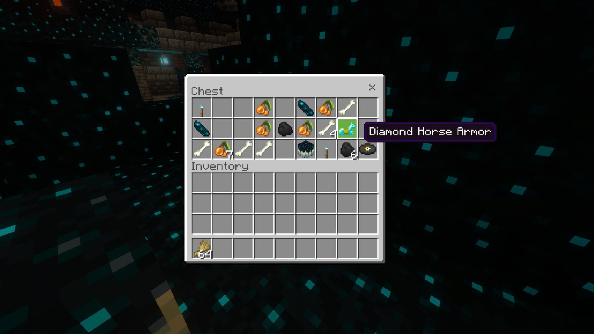 First, you need to find a diamond horse armor in a chest (Image via Sportskeeda Gaming || Mojang Studios)
