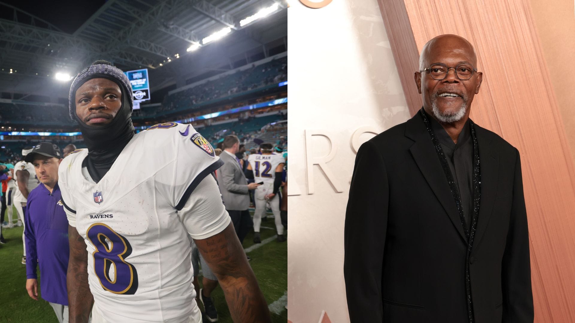 Samuel L. Jackson (right) made a bold claim about Ravens quarterback Lamar Jackson (left). (Credit: Sam Navarro-Imagn Images/ Monica Schipper/Getty Images)