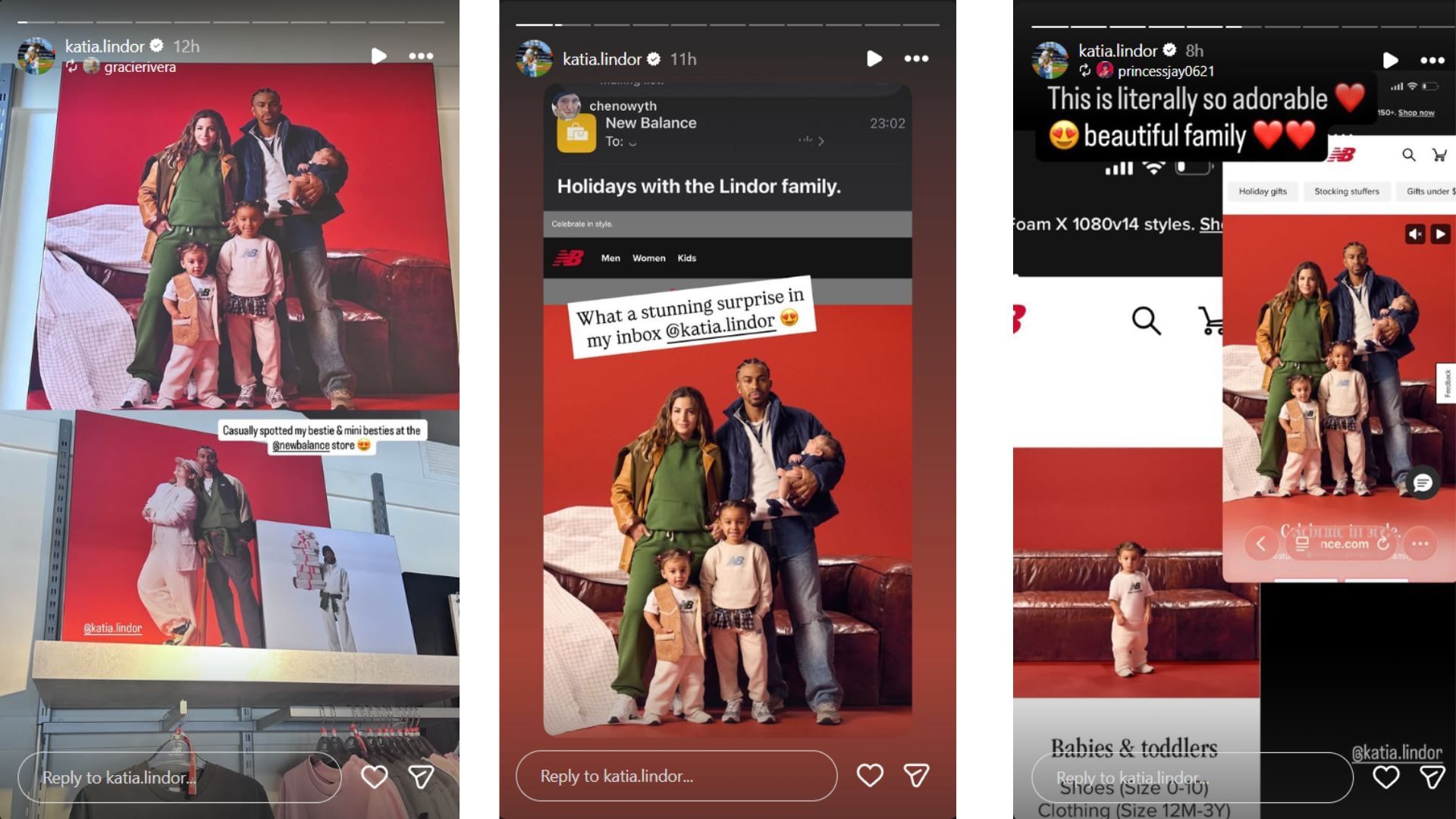 Katia Lindor&#039;s Instagram stories featuring their family on New Balance&#039;s website (Source: Instagram @katia.lindor)
