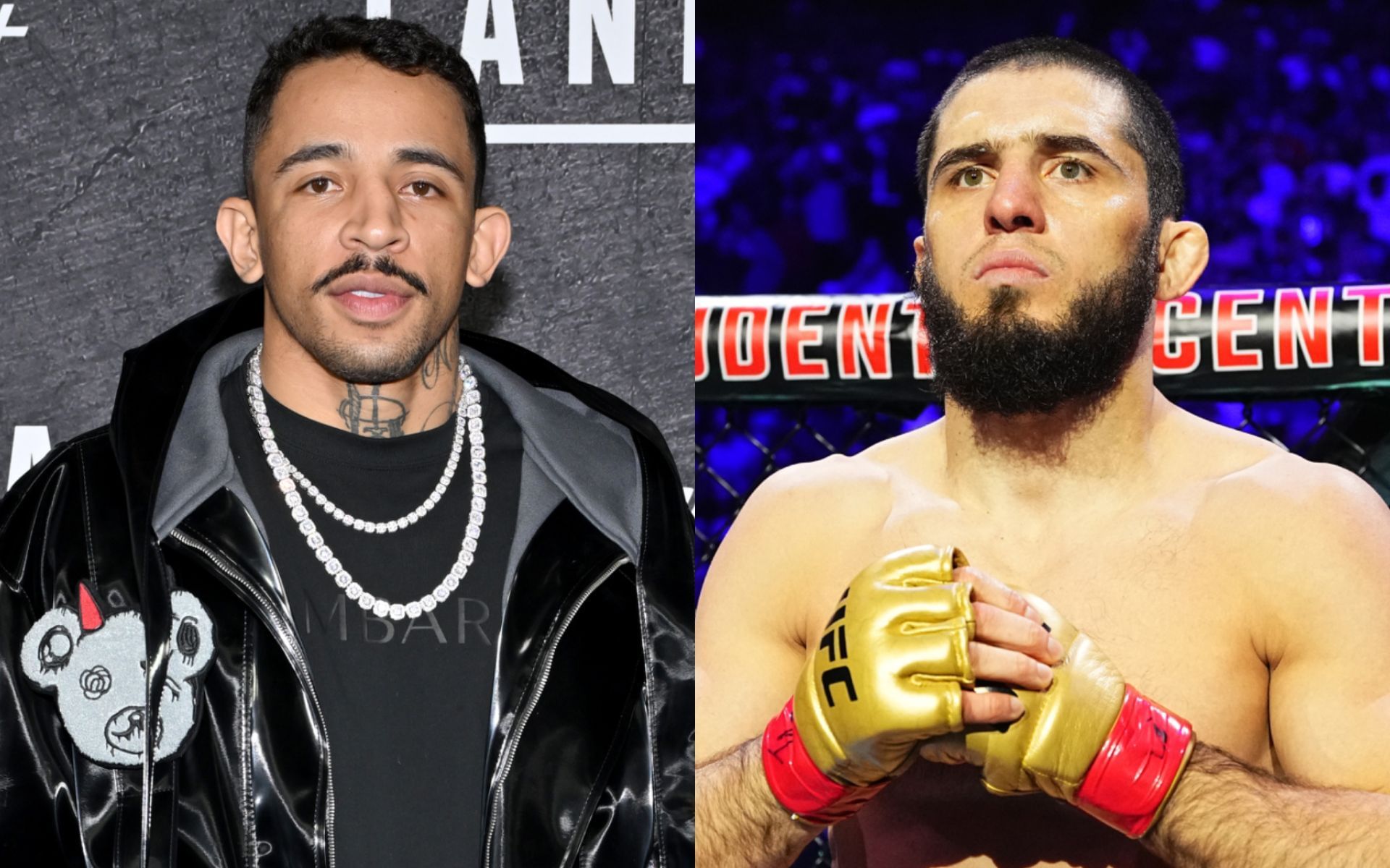 Islam Makhachev (right) expresses surprise at Carlos Prates