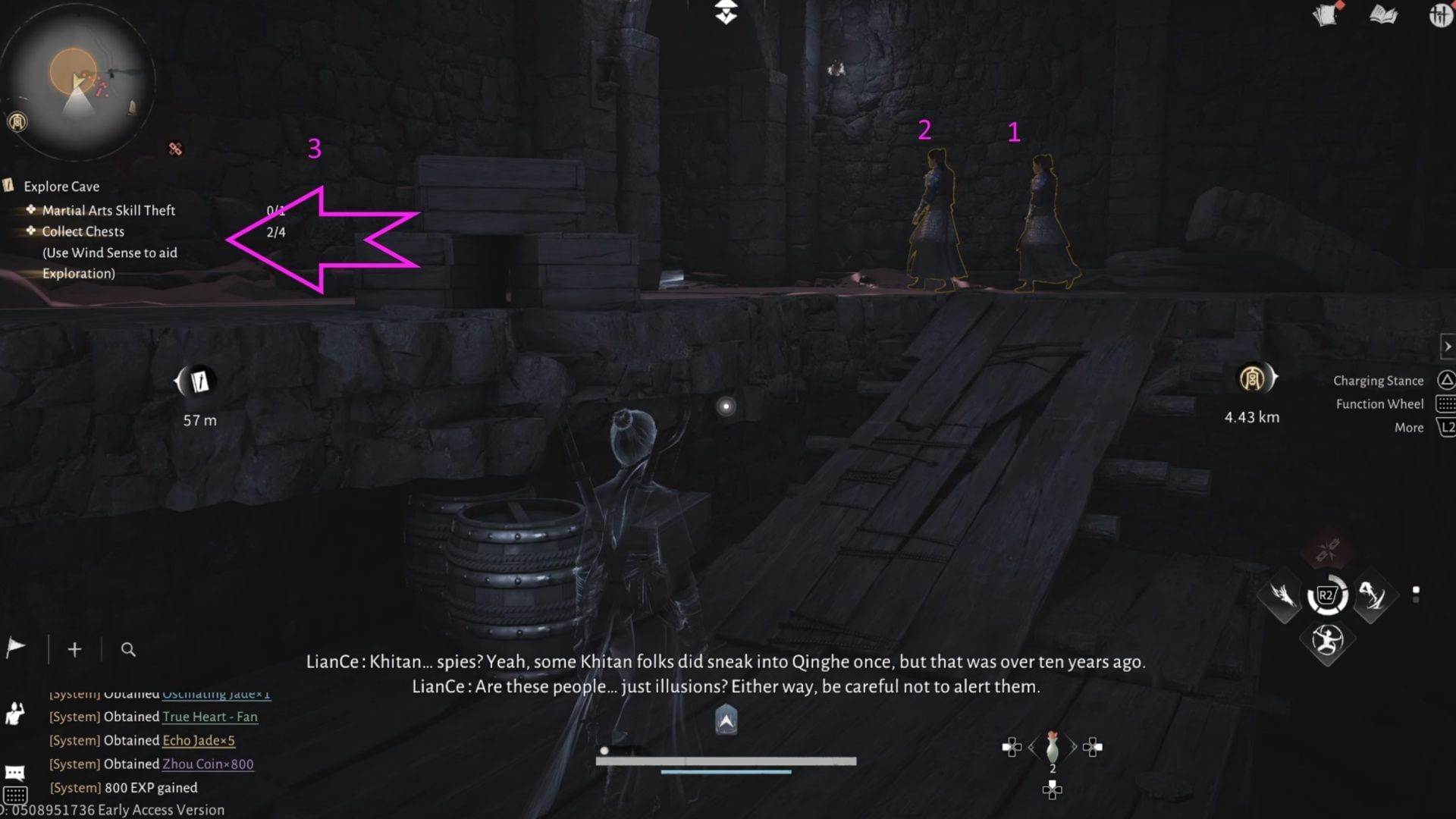 The arrow points to the lone guard patrolling, and the treasure chest beyond him (Image via NetEase)