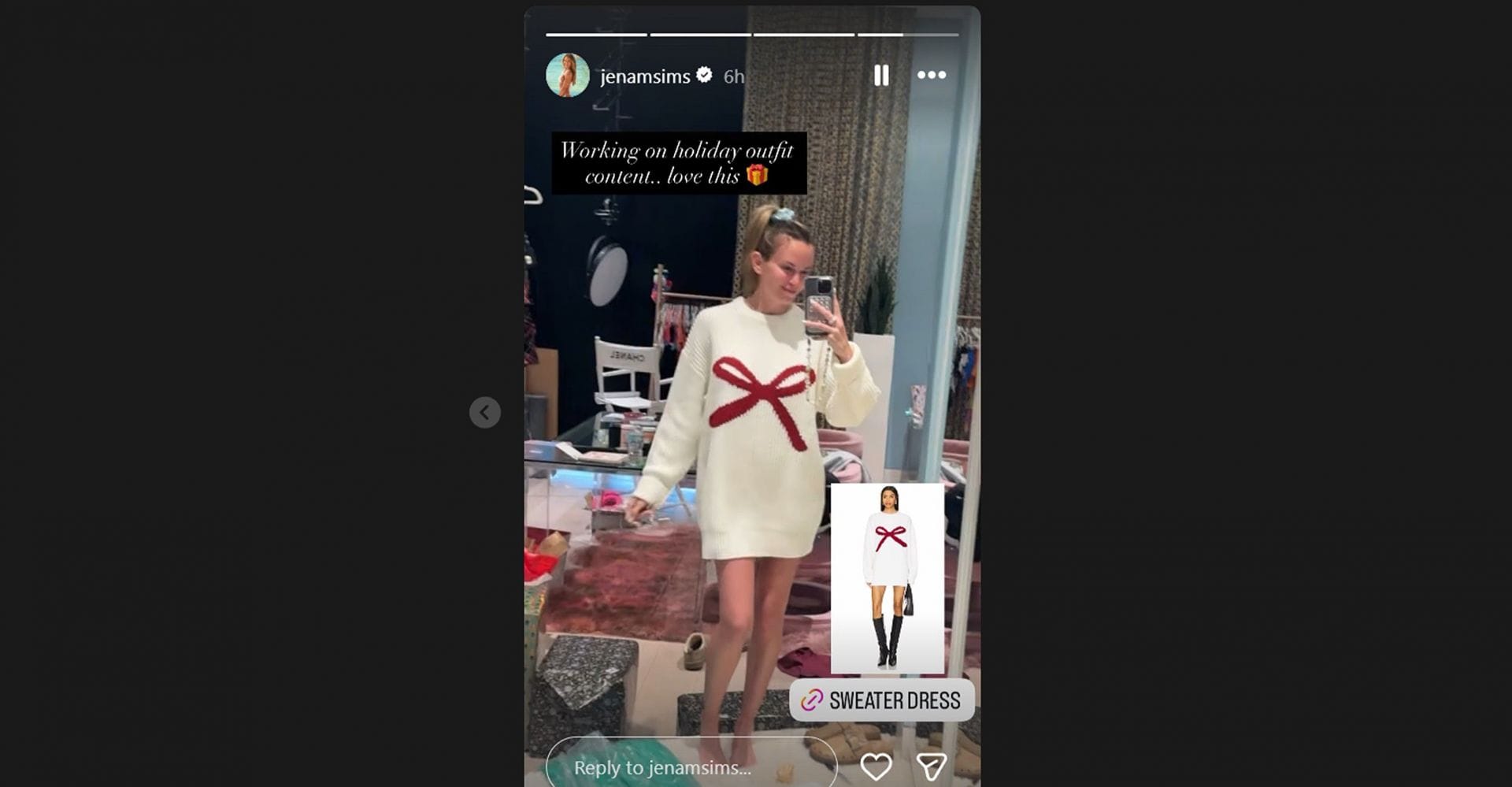 Jena Sims flaunts $219 ivory sweater while working on holiday outfit content/@jenamsims