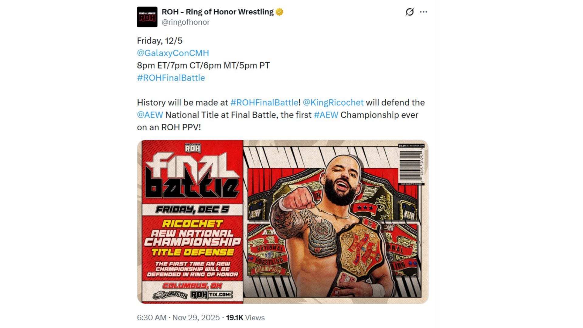 Ricochet will defend his AEW National Title at ROH Final Battle [Source: ROH on X]