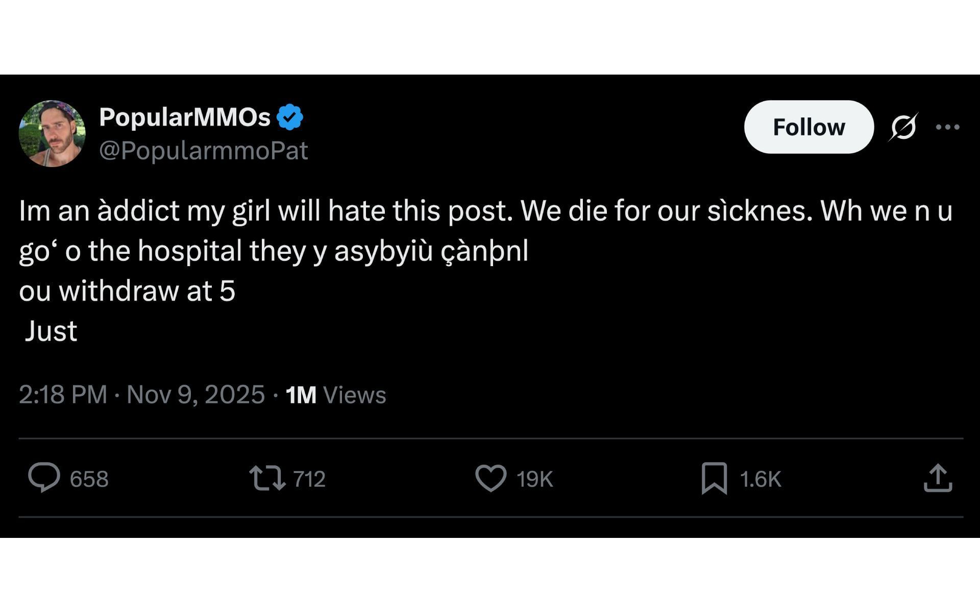 YouTuber PopularMMOs&#039; X post, dated November 9, 2025 (Image via X/@PopularmmoPat)