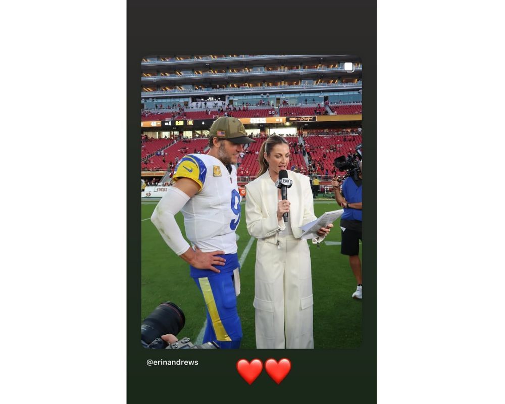 Matthew Stafford&rsquo;s wife gushes over Erin Andrews interviewing Rams QB in all-white power suit [IG/@kbstafford89]