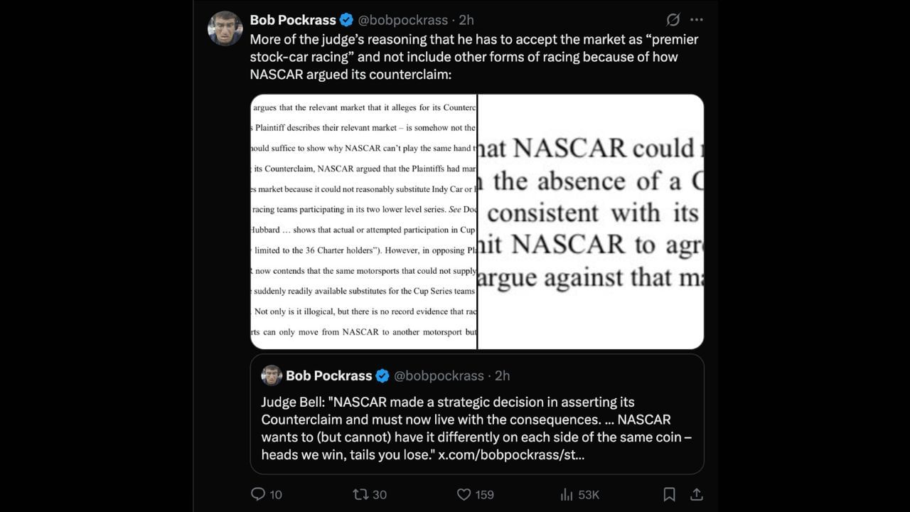 Judge Bell&#039;s reasoning on rejecting NASCAR&#039;s counterclaim. - Source: X/Bobpockrass