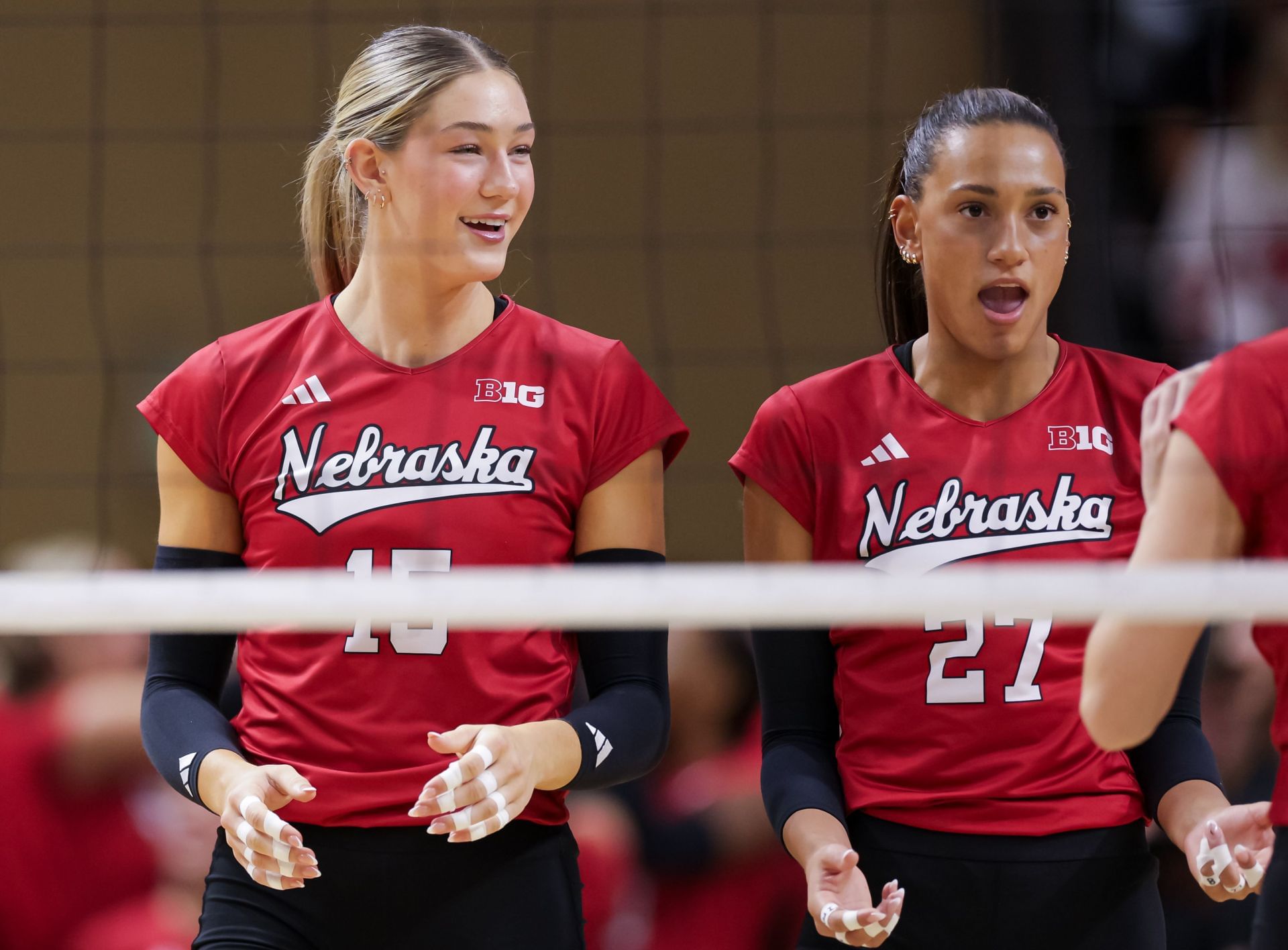  Andi Jackson and Harper Murray of the Nebraska Volleyball team during the NCAA volleyball game in West Lafayette, Indiana. (Photo by Getty Images)