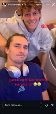 Zverev's Instagram Story featuring Sinner, dated Sunday, November 23, 2025 (Source: Instagram/alexzverev123)