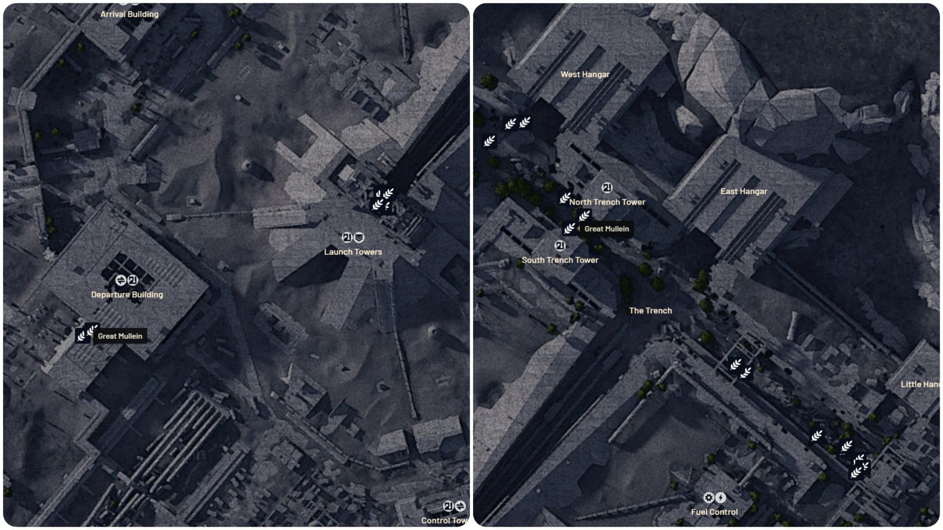 Where to find Great Mullein in ARC Raiders 5 Harvest Points in Spaceport (Image via arcraidersmaps.app)