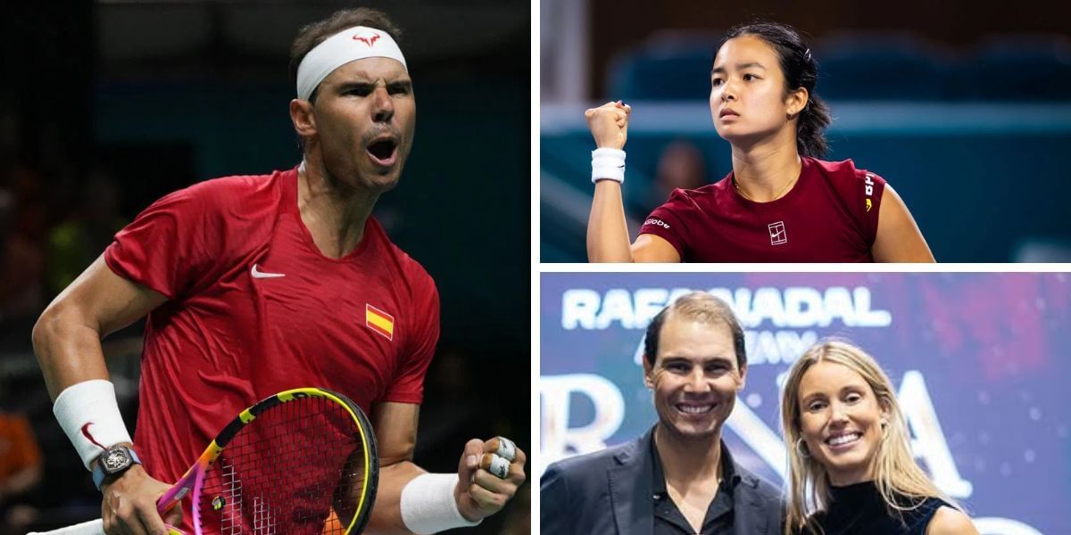 Rafael Nadal (left, Source: Getty), Alexandra Eala (top right, Source: Getty), Nadal with sister Maribel (bottom right, Source: Instagram/rafanadalacademy)