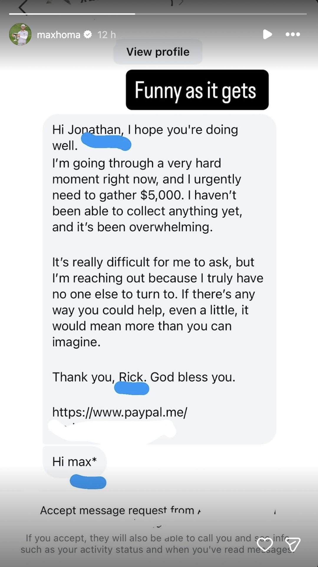 Max Homa sdílí zprávu fanouškovi, který se ho pokusil podvést na sociálních sítích (obrázek přes Instagram @maxhoma) 