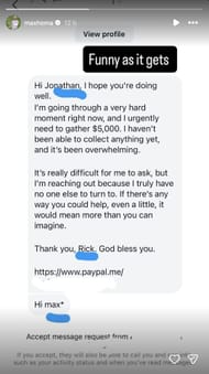 Max Homa shares a message to a fan who tried to scam him on social media (Image via Instagram @maxhoma)