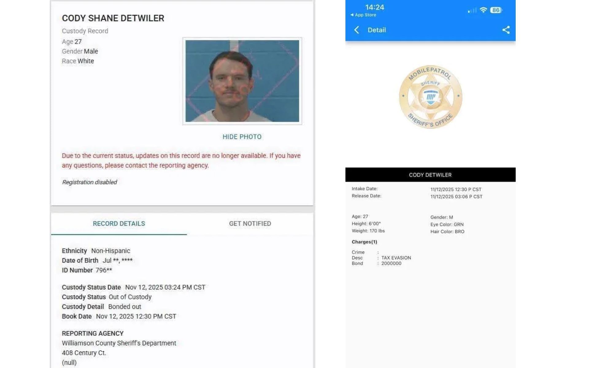 YouTuber WhistlinDiesel&#039;s alleged arrest record, shared on the r/YouTube drama subreddit (Image via reddit.com/1Rab)