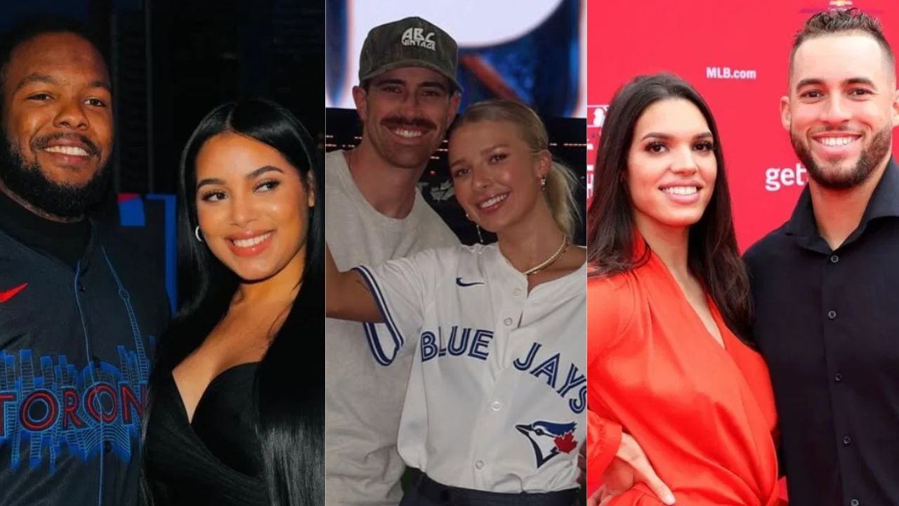 Vladimir Guerrero Jr. with his wife, Nathalie (L), Shane Bieber with his wife, Kara (C), George Springer with his wife, Charlise (R) (Images from - Instagram.com/@nathalii30, Instagram.com/@karamaxinebieber, Getty)