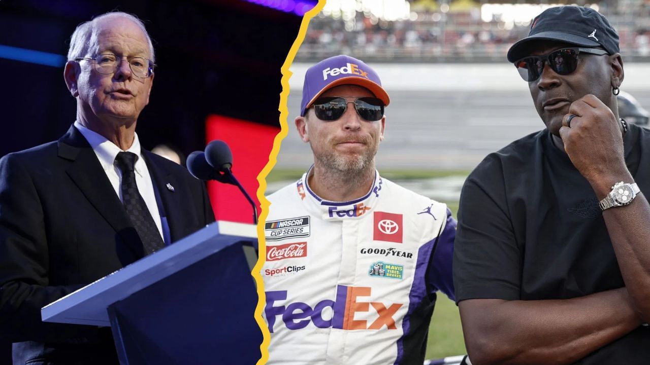 (L) NASCAR Chairman and CEO Jim France in the 2024 Annual awards ceremony and 23XI Racing Co-owners Denny Hamlin and Michael Jordan. Source: Getty Images