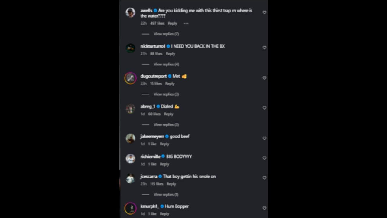 Screenshots of Austin Wells, Alex Bregman, J.C. Escarra, Richie Palacios, Jake Meyer and Kai Murphy&#039;s comments on Cody Bellinger&#039;s Instagram post (Images from - Instagram.com/@cody_bellinger)