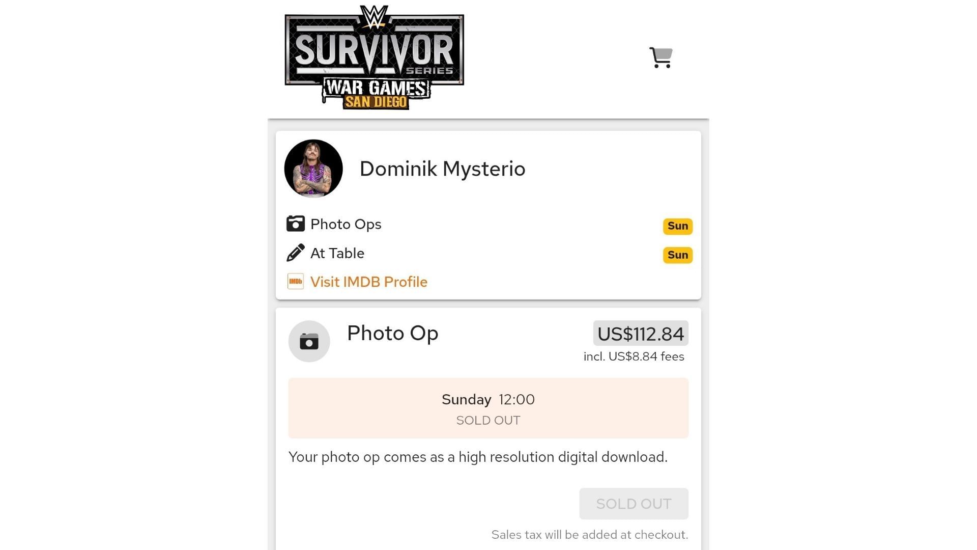 Dominik sold out the photo-op option for the Survivor Series Meet and Greet (Screenshot from the official website)