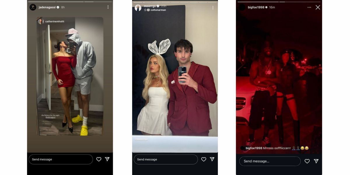Screenshot of Jaden Agassi, Morgan Riddle and Frances Tiafoe&#039;s stories. (Source: Instagram: @bigfoe1998, @moorrgs, @jadenagassi)