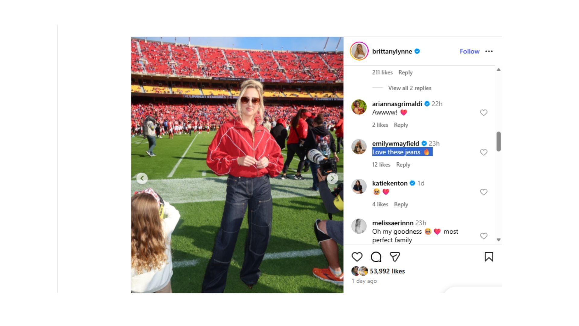 Brittany Mahomes&#039; gameday style received a seal of approval from Emily Mayfield. (Credit: @brittanylynne)