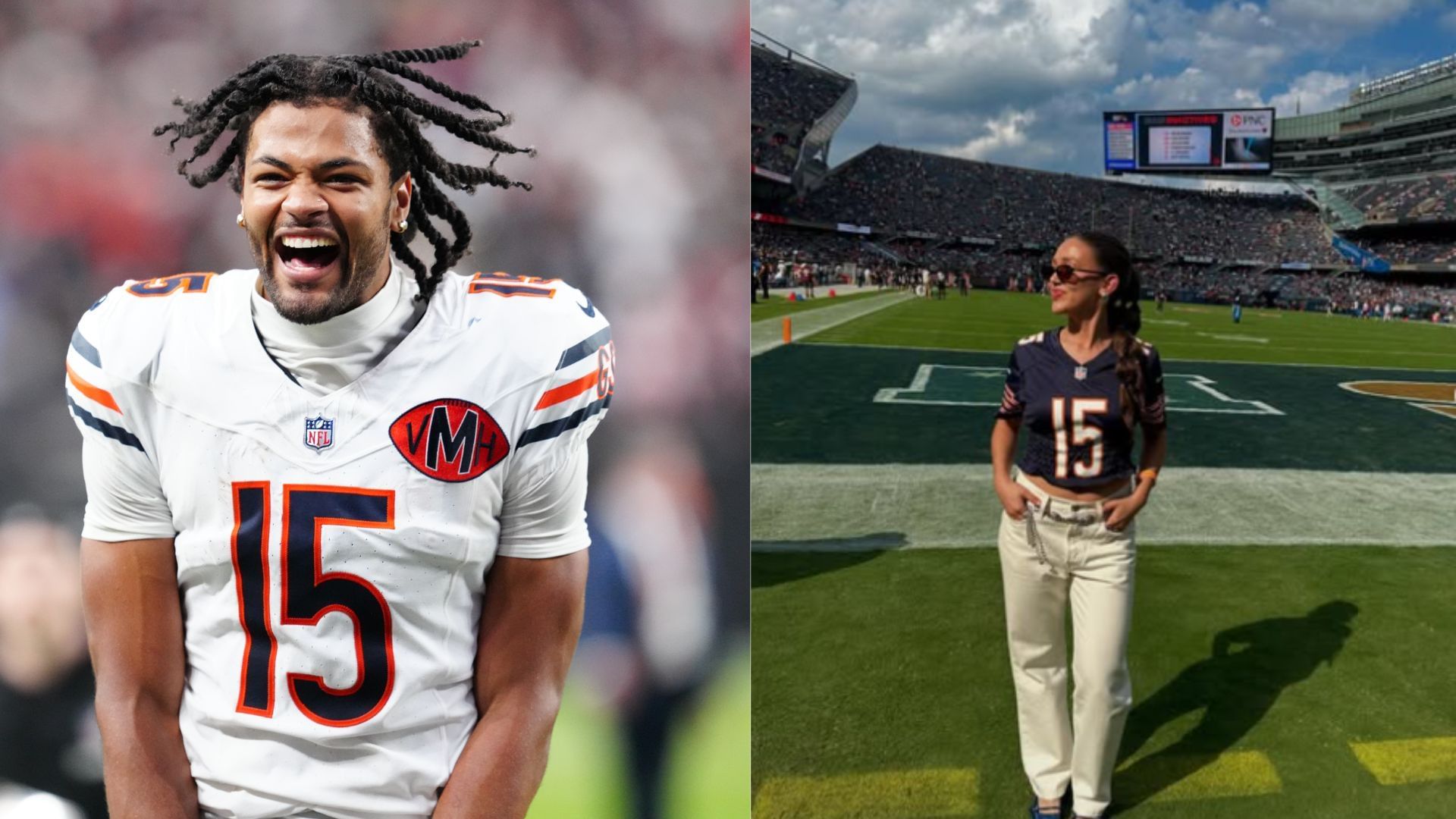 Chicago Bears wide receiver Rome Odunze received support from girlfriend Alannah Davidson. (Photos via Stephen R. Sylvanie-Imagn Images/ Alannah Davidson