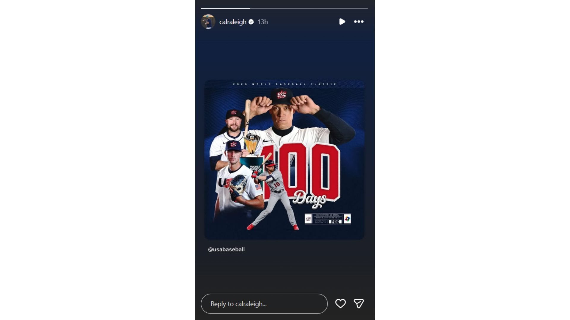 Cal Raleigh&#039;s Instagram story featuring the WBC 2026 promotional (Source: calraleigh)