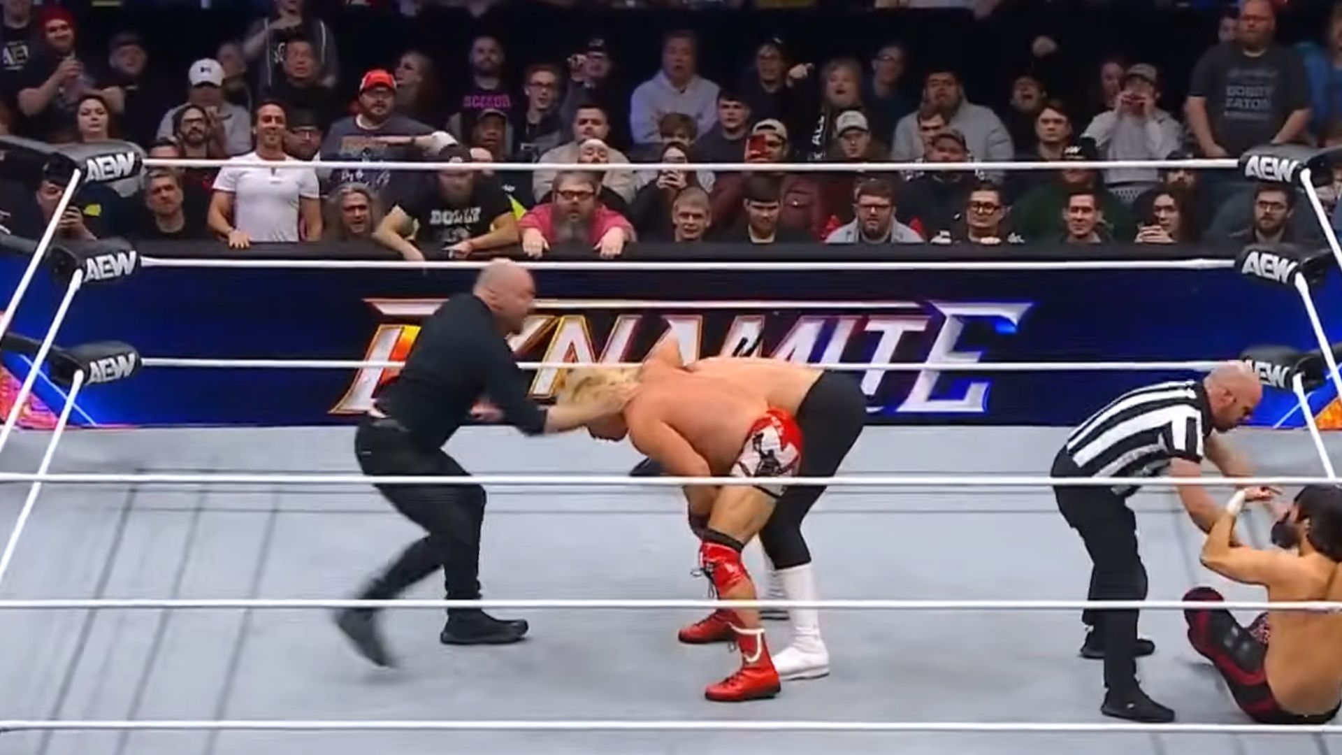 Jon Moxley attacking Jeff Jarrett during his bout against Claudio Castagnoli [Image Credits: AEW&#039;s YouTube channel]