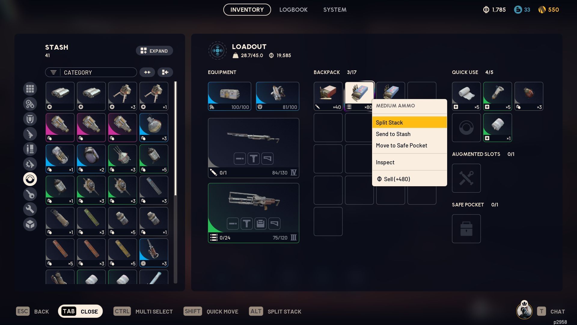 The new Split Stack option is available in the menu (Image via SK Gaming || Embark Studios)