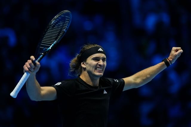Alexander Zverev celebrates his Round Robin phase win over Ben Shelton (not in picture) at the 2025 Nitto ATP Finals (Source: Getty)