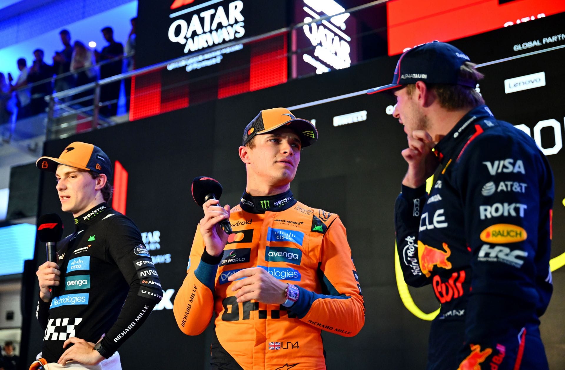 McLaren&#039;s Oscar Piastri (L), Lando Norris, and Red Bull&#039;s Max Verstappen (R) after the qualifying for the 2025 F1 Grand Prix of Qatar - Source: Getty