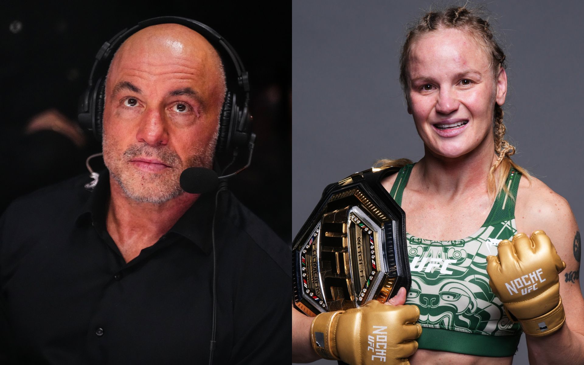 Valentina Shevchenko (right) voices support for Joe Rogan (left). [Images courtesy: Getty Images]