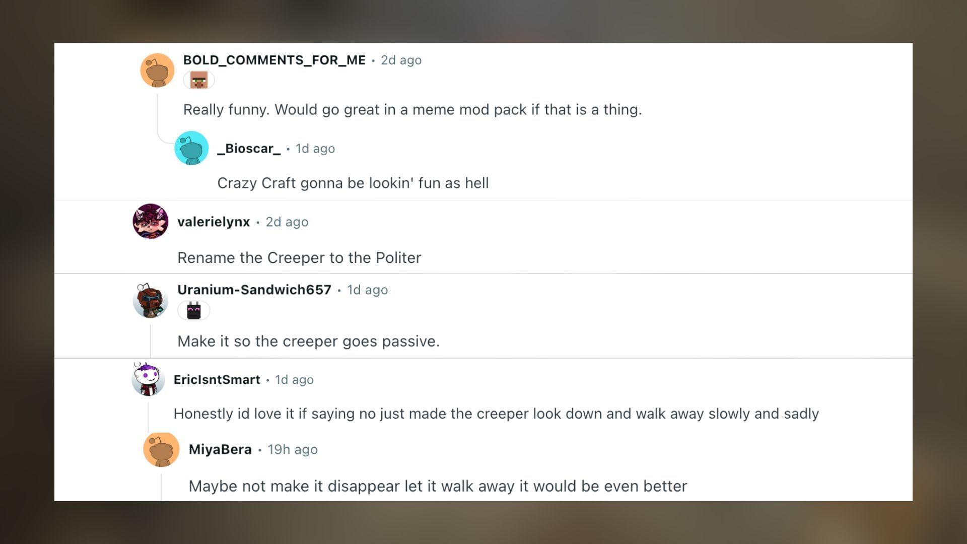 Redditors react to the creeper mod to make it more polite (Image via Reddit)