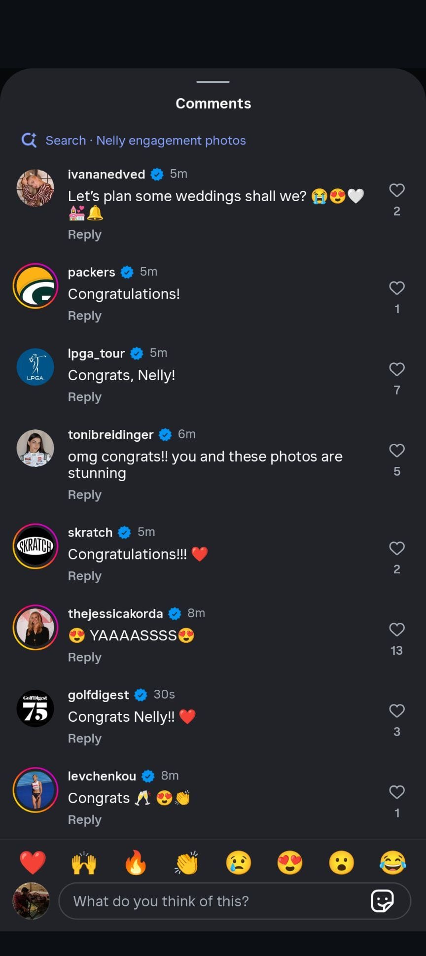 Sebastian Korda&#039;s fianc&eacute;e Ivana&#039;s comment on Nelly Korda&#039;s engagement post on Instagram dated Friday, November 28, 2025 (Source: Instagram/nellykorda)