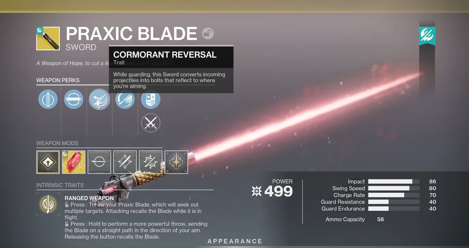 Exotic perk for Praxic Blade in Destiny 2 (Image via Bungie) 