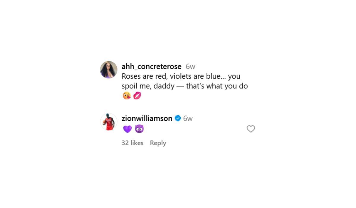 Zion Williamson reacts to his girlfriend&#039;s post on IG (Source: Ahkeema/IG)