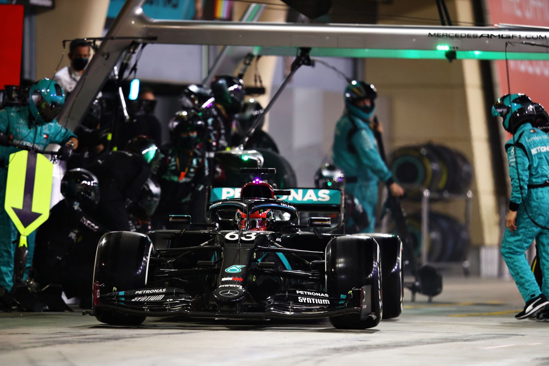 George Russell of Great Britain driving the (63) Mercedes AMG Petronas F1 Team Mercedes W11 makes a pitstop during the F1 Grand Prix of Sakhir - Source: Getty