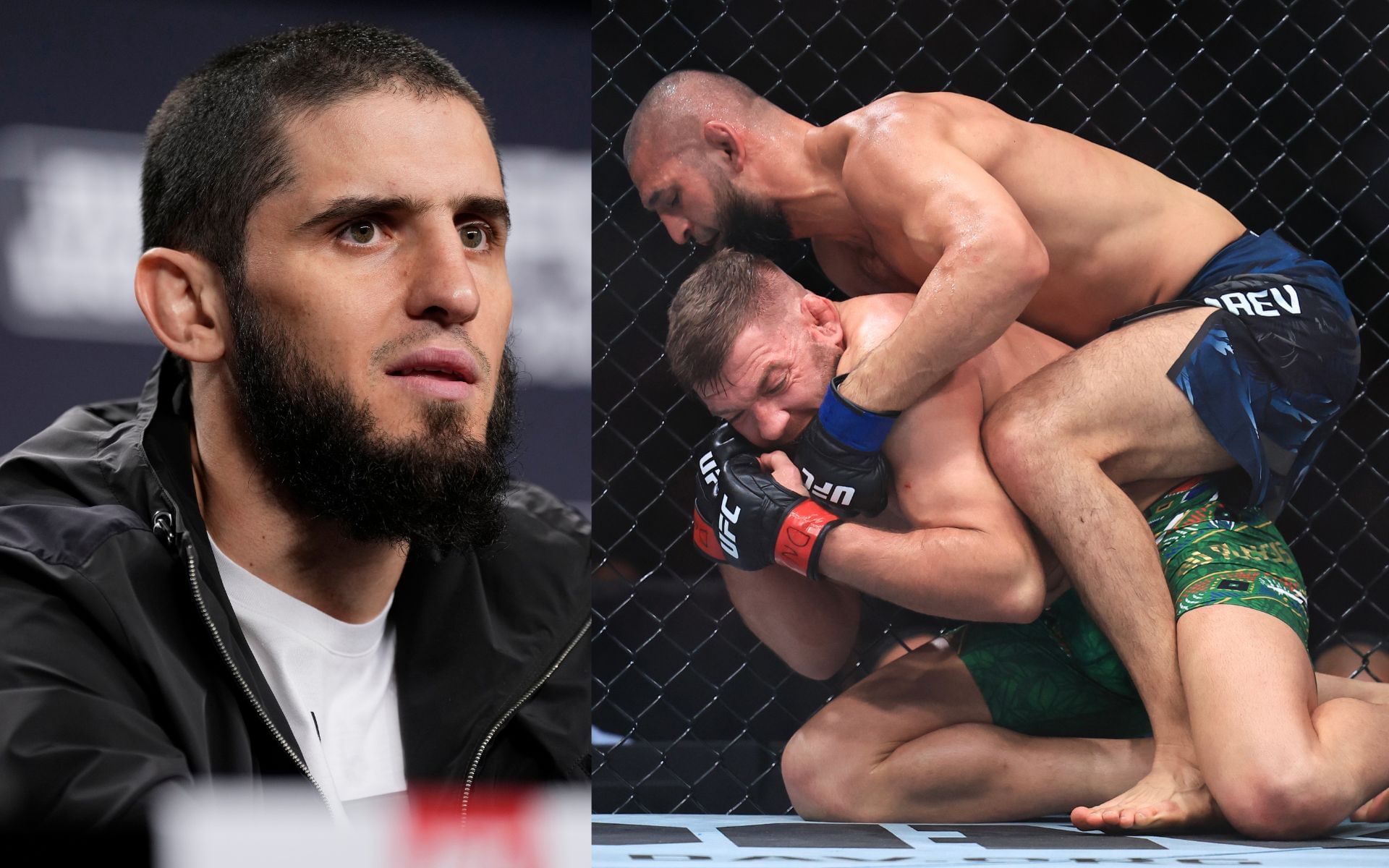 Islam Makhachev (left) reacts to Dricus du Plessis vs. Khamzat Chimaev (right). [Images courtesy: Getty]