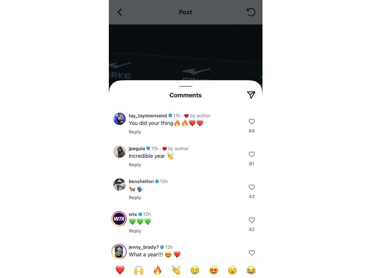 Pegula, Townsend, and Shelton&#039;s comment on Instagram